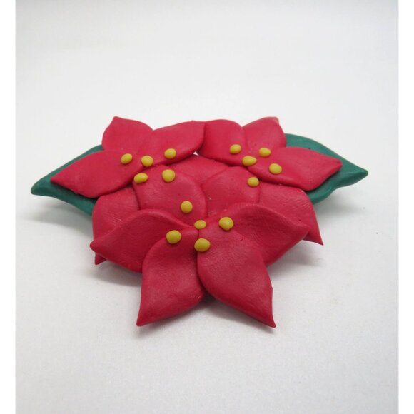 Christmas Poinsettia Brooch Earring Set Handcrafted Polymer Clay 2.5" Pin Studs - Picture 5 of 9